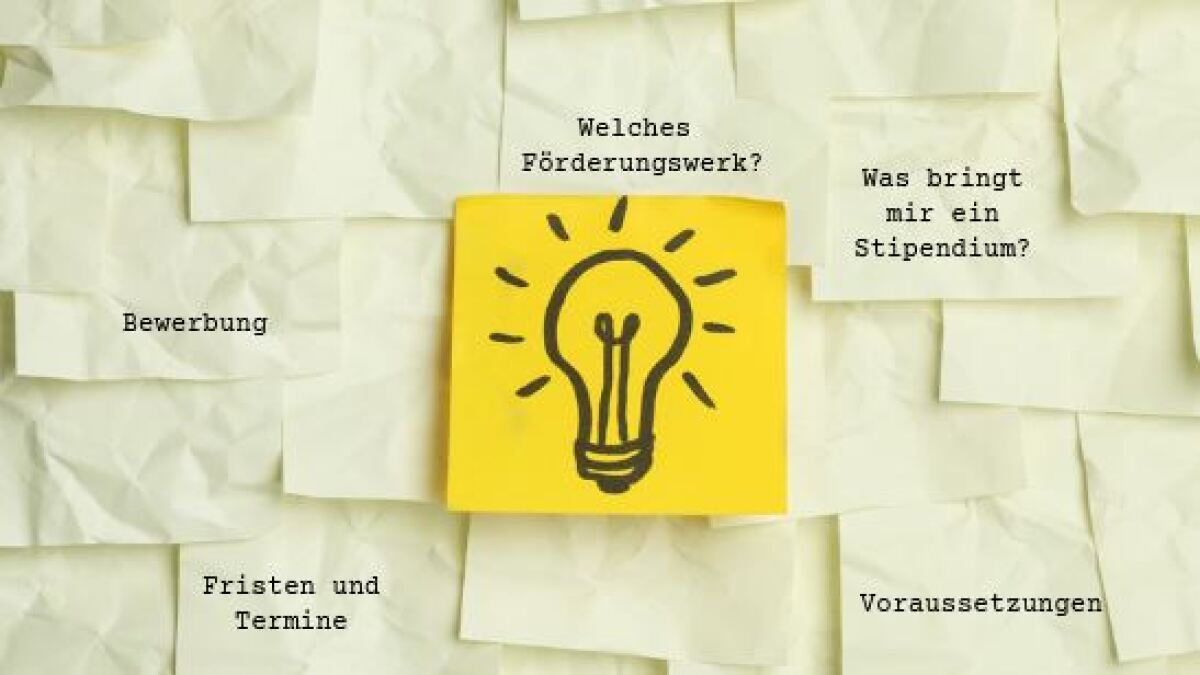 Glühbirne mit Notizzettel drum herum. Auf den Notizzetteln steht: Bewerbung, Voraussetzungen, Welches Förderungswerk?, Fristen und Termine, Was bringt mir ein Stipendium? Glühbirne mit Notizzettel drum herum. Auf den Notizzetteln steht: Bewerbung, Voraussetzungen, Welches Förderungswerk?, Fristen und Termine, Was bringt mir ein Stipendium?